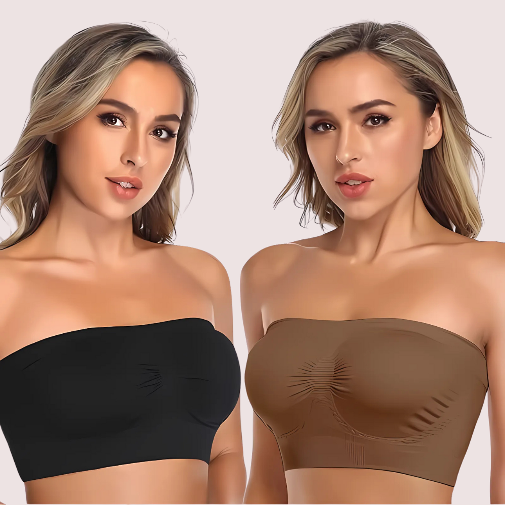 Two women wearing black and brown strapless bras against a plain background