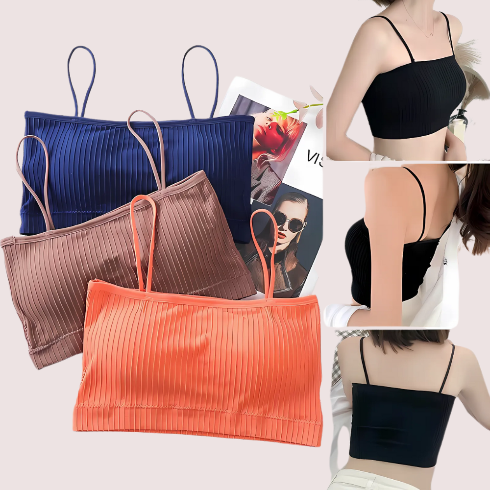 Collage of ribbed tank tops in blue, brown, and orange with a model wearing a black tank top.