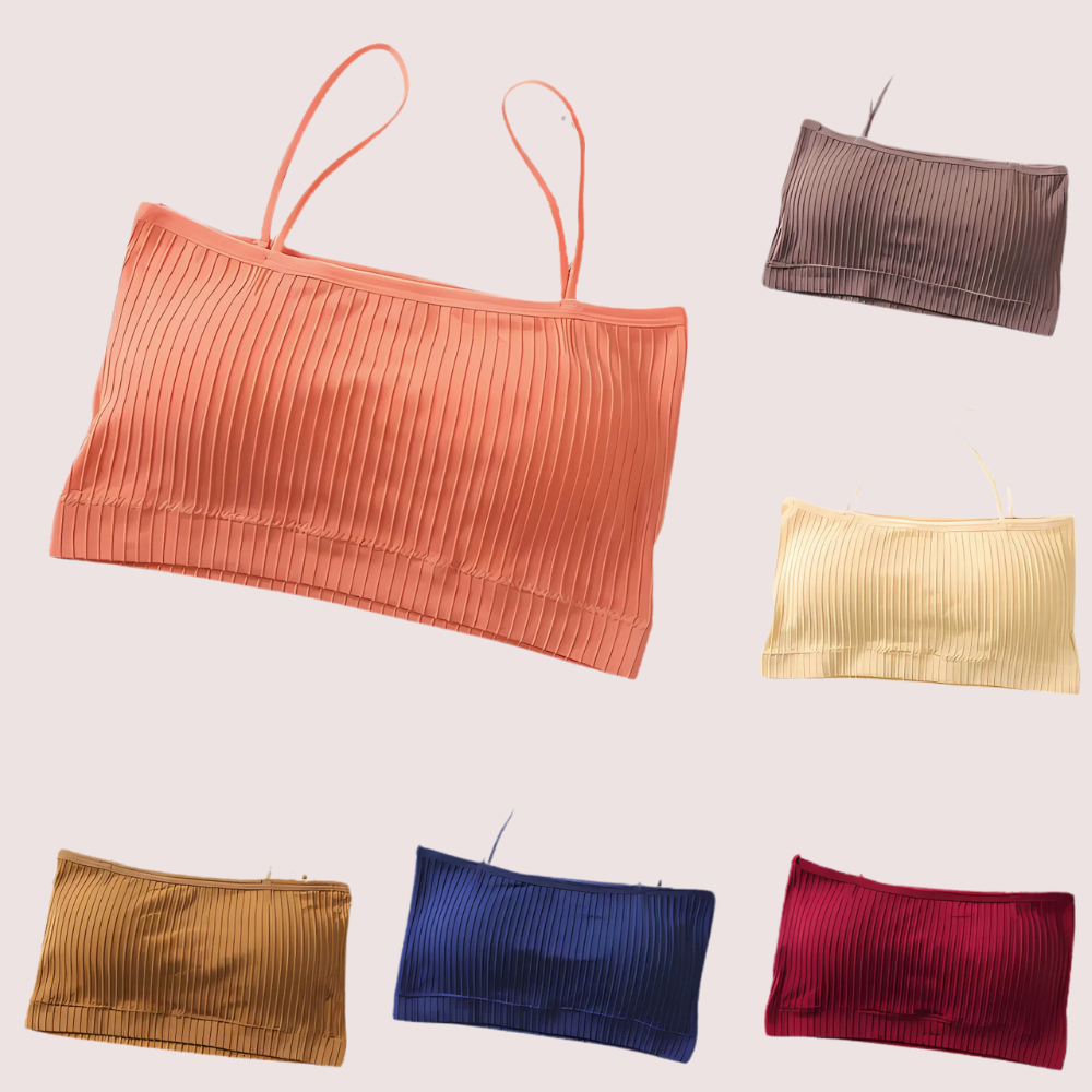 Set of ribbed crop tops in various colors on a light beige background