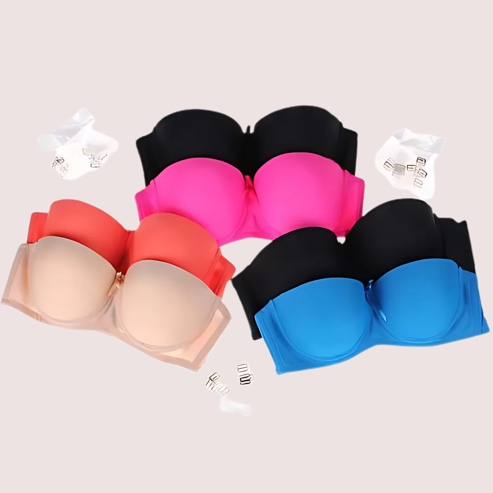 Set of colorful bras on a light gray background