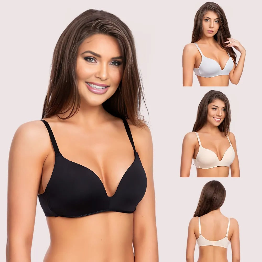 Woman wearing a black bra with additional images of her wearing different colored bras on a light pink background.