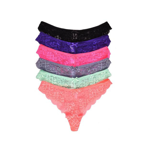 Stack of colorful lace panties on a white background