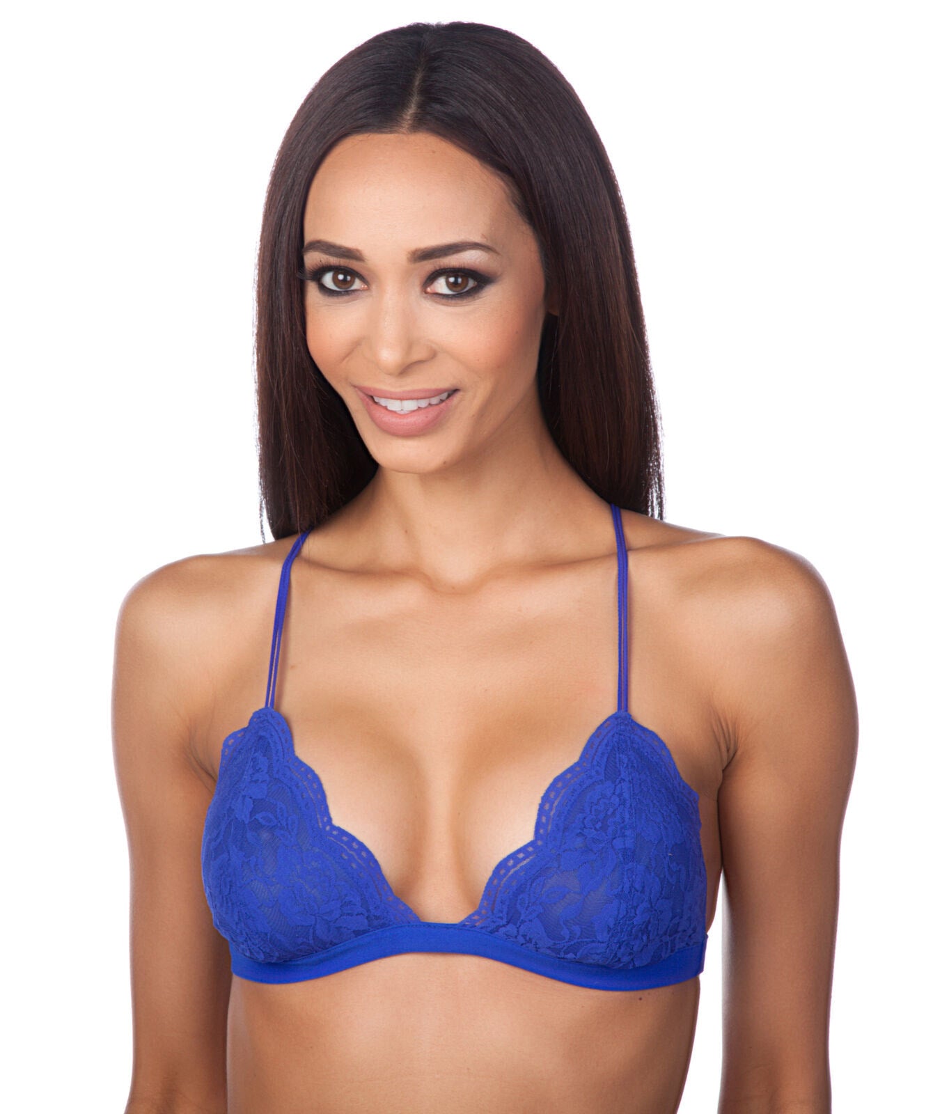 Woman wearing a blue bra on a white background