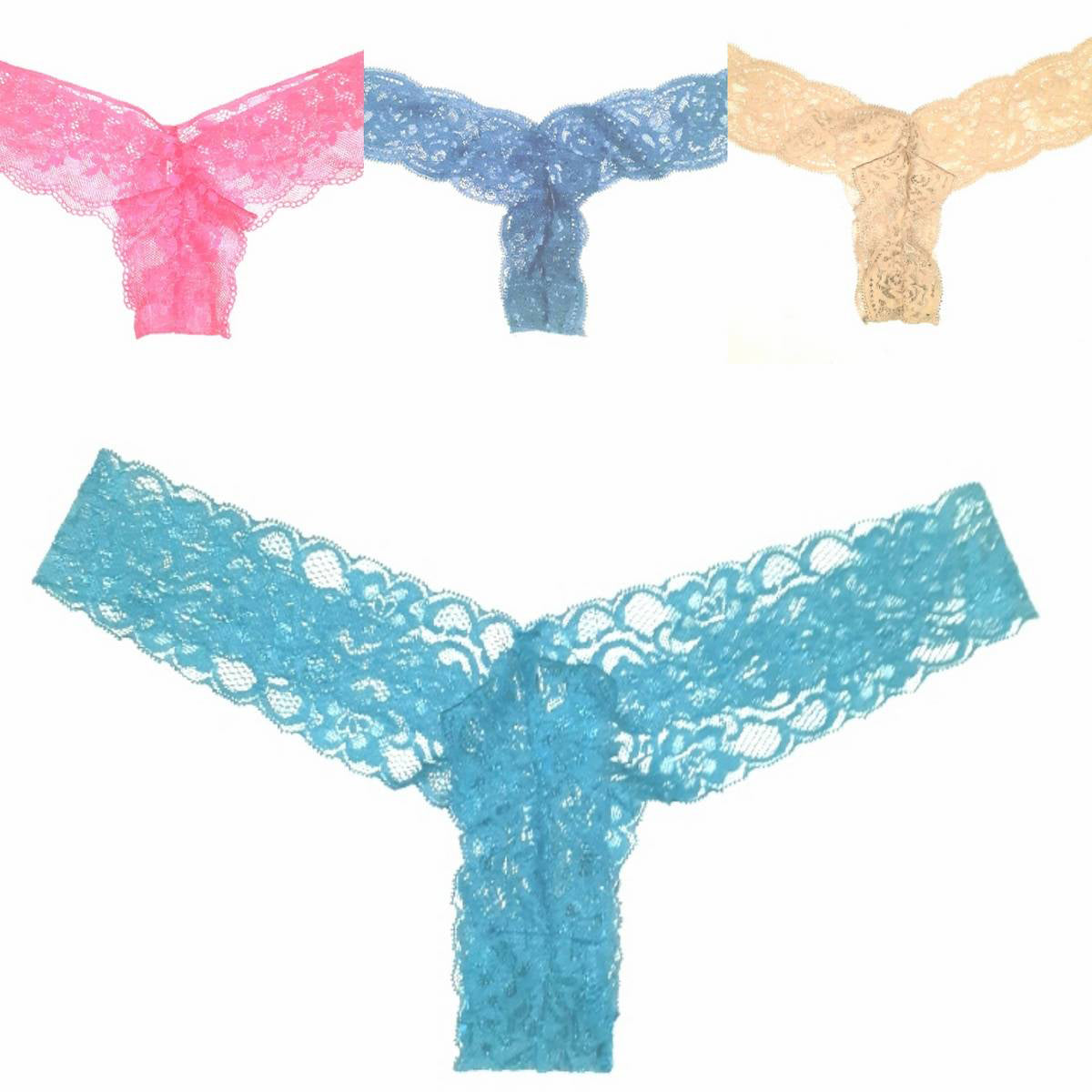 Four colorful lace thongs on a white background