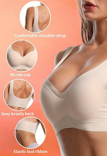 Beige bra with features highlighted on a peach background