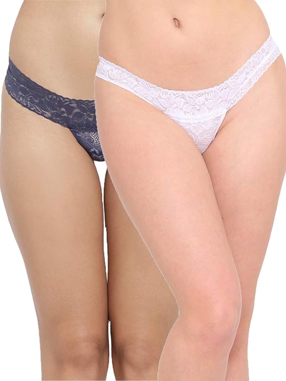 Two pairs of lace underwear, one navy and one white, on a plain background.