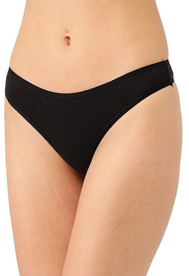 Black bikini bottom worn by a person on a white background
