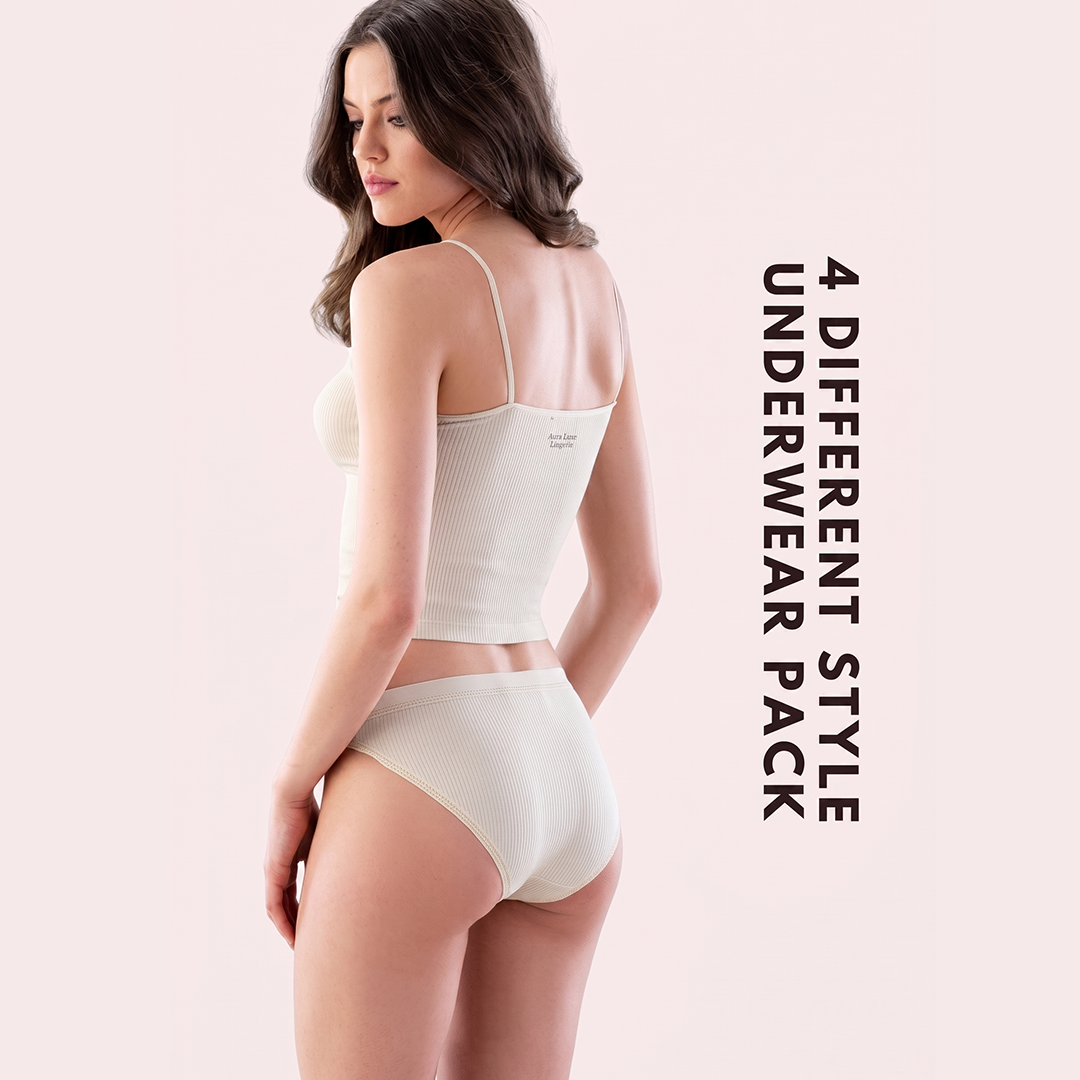 Woman wearing a white underwear set with text indicating '4 Different Style Underwear Pack' on a light pink background.