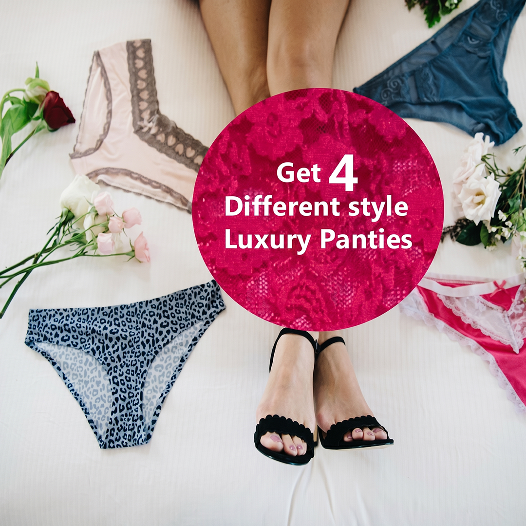 Luxury panties displayed with text promoting four different styles on a white background.