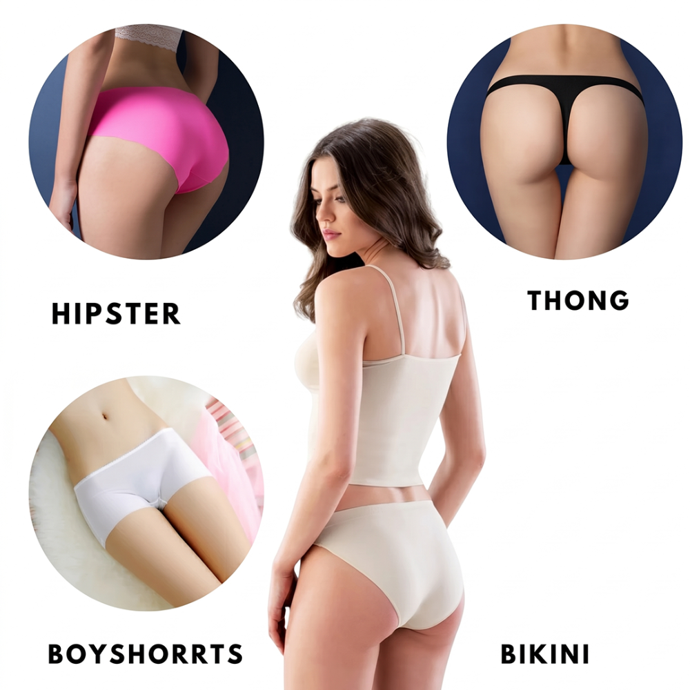 Woman wearing underwear with close-up insets labeled 'Hipster', 'Thong', 'Boyshorts', and 'Bikini'.