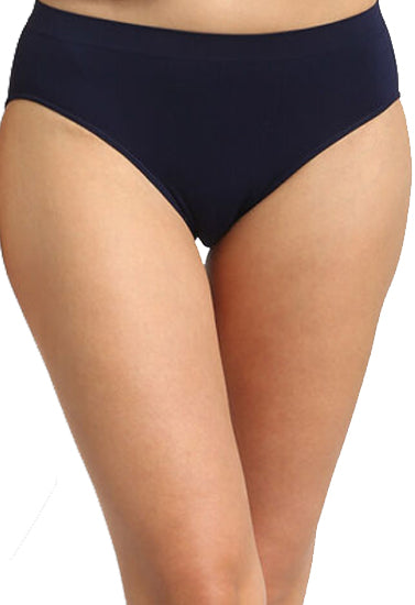 woman wearing navy blue comfort waistband hipster panties close-up