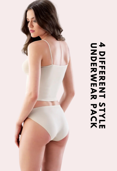 Woman wearing white underwear from Women Style Underwear Pack with 4 different styles text