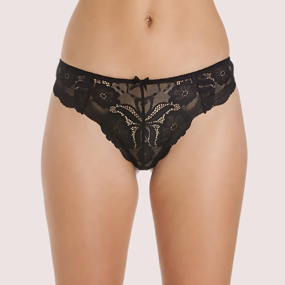 Black Floral Transparent Lace High Waist Thong