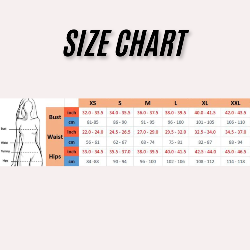 Size chart for clothing with measurements in inches and centimeters on a white background