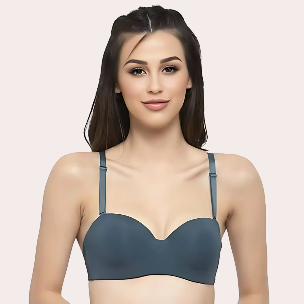 Woman wearing a dark blue bra 