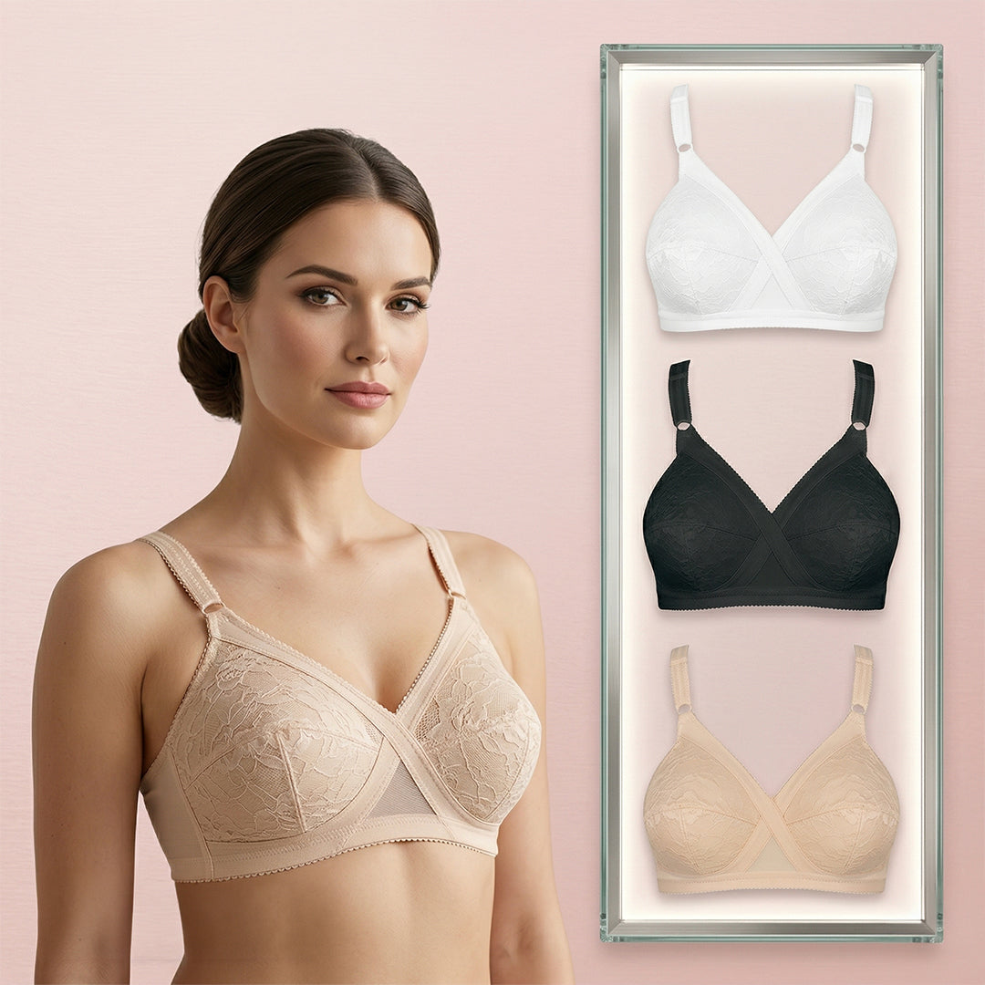 Woman wearing a beige bra with inset images of other bra styles 
