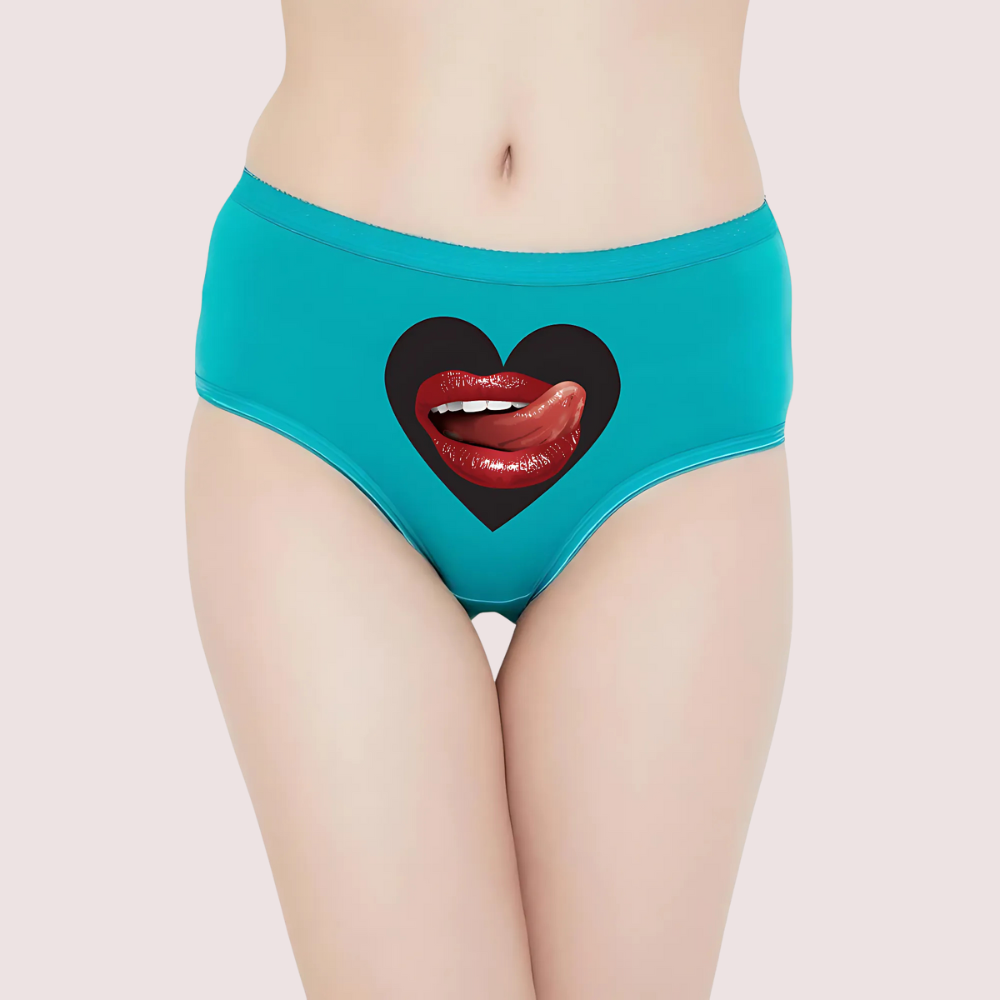 Teal underwear with a heart design featuring red lips on a beige background