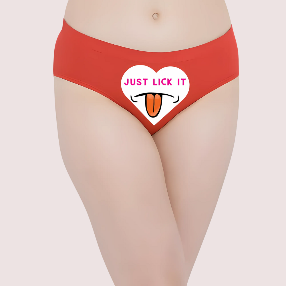 Red underwear with a graphic and text on a plain background