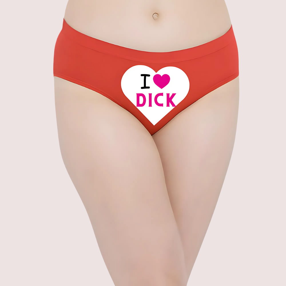 Red panty with 'I ❤️ DICK' print on a light pink background