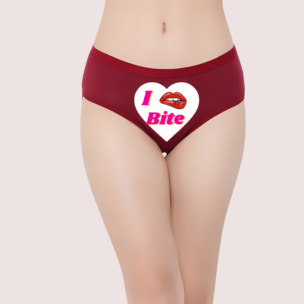 Maroon underwear with a heart design and text on a plain background