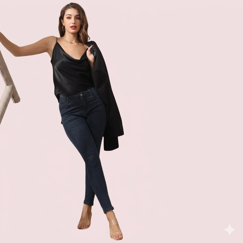 Woman wearing a black top and jeans on a pink background
