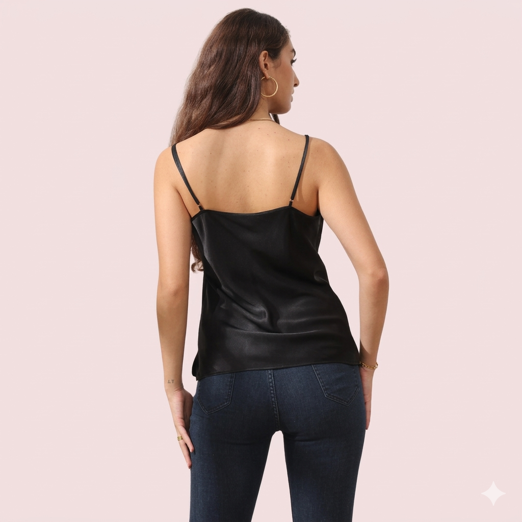 Woman wearing a black leather camisole and blue jeans on a light pink background