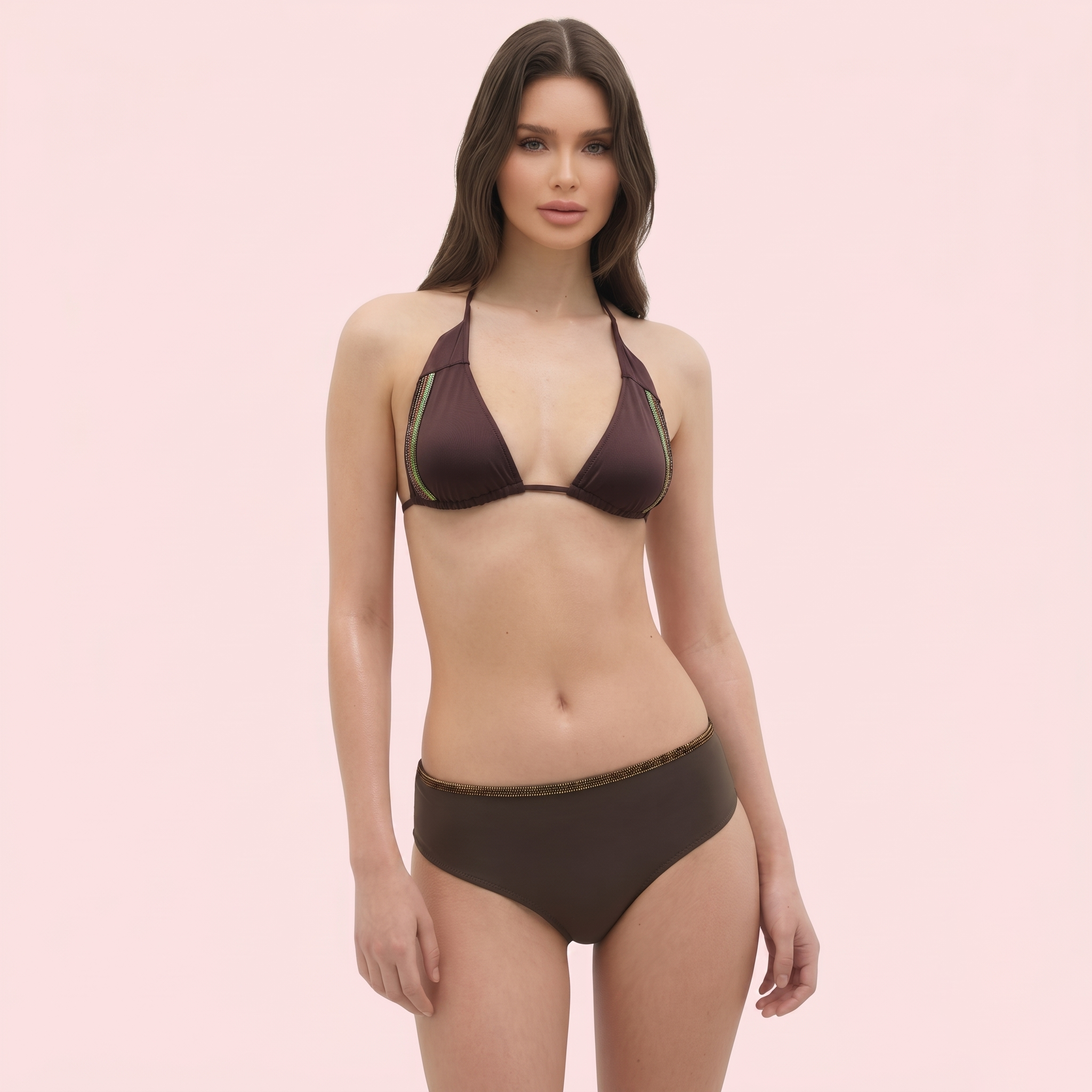 Espresso Dream Embellished Trim Triangle Bikini Top (Top Only)
