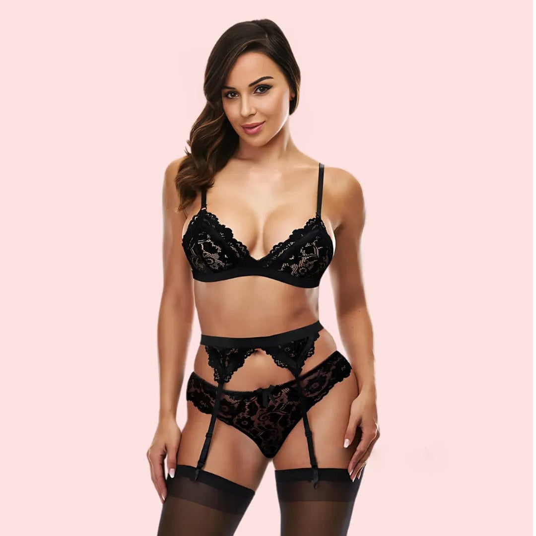 Exotic Black Lace Bra Set With Garter Belt