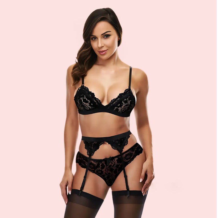 Exotic Black Lace Bra Set With Garter Belt