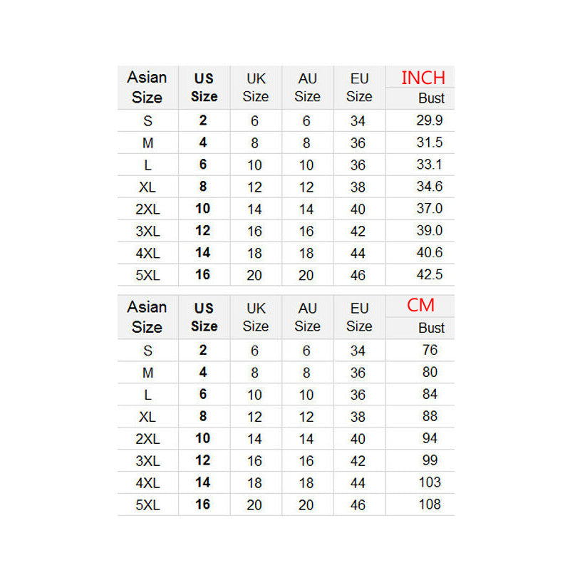 Size conversion chart from Asian to US, UK, AU, EU sizes with corresponding bust measurements in inches and centimeters.