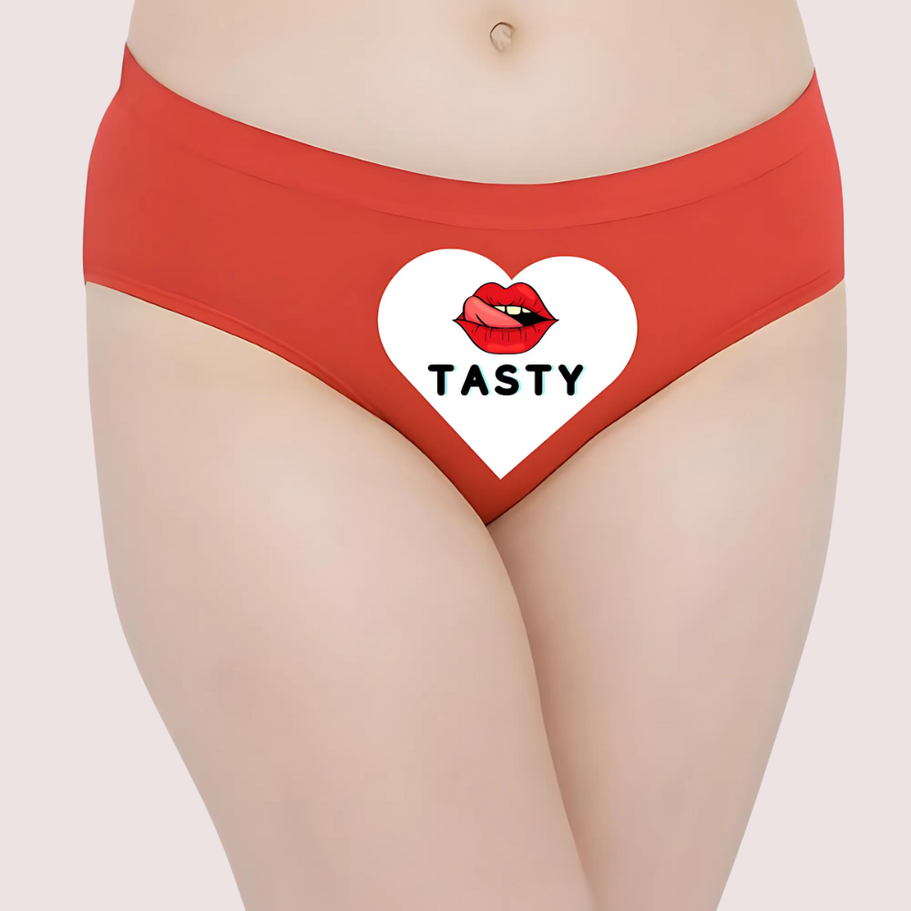 Red Panty with a heart design and 'TASTY' text on a plain background