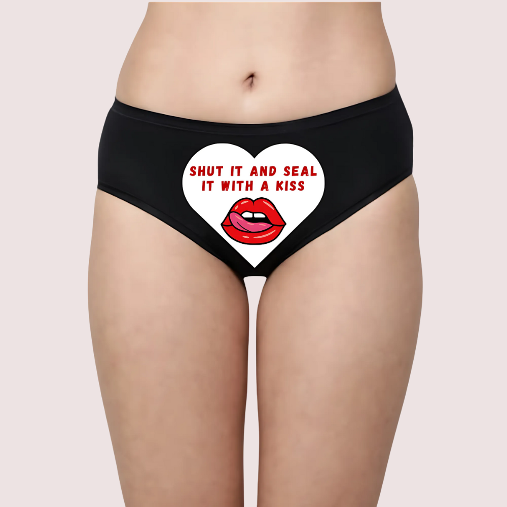 Black underwear with a heart design and text 