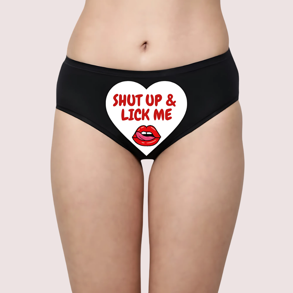 Black Panty with a heart design and text 