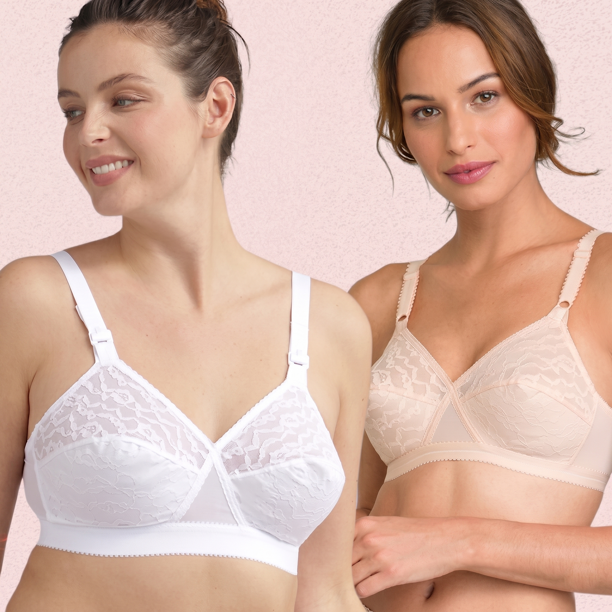 Two women wearing different styles of bras against a pink background
