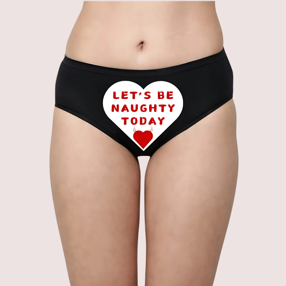 Black Panty with a heart-shaped text design on a plain background