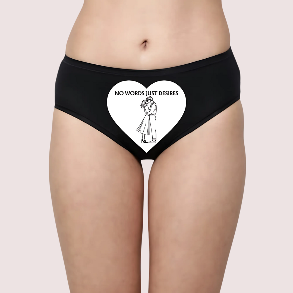 Black Panty with a heart design and text 