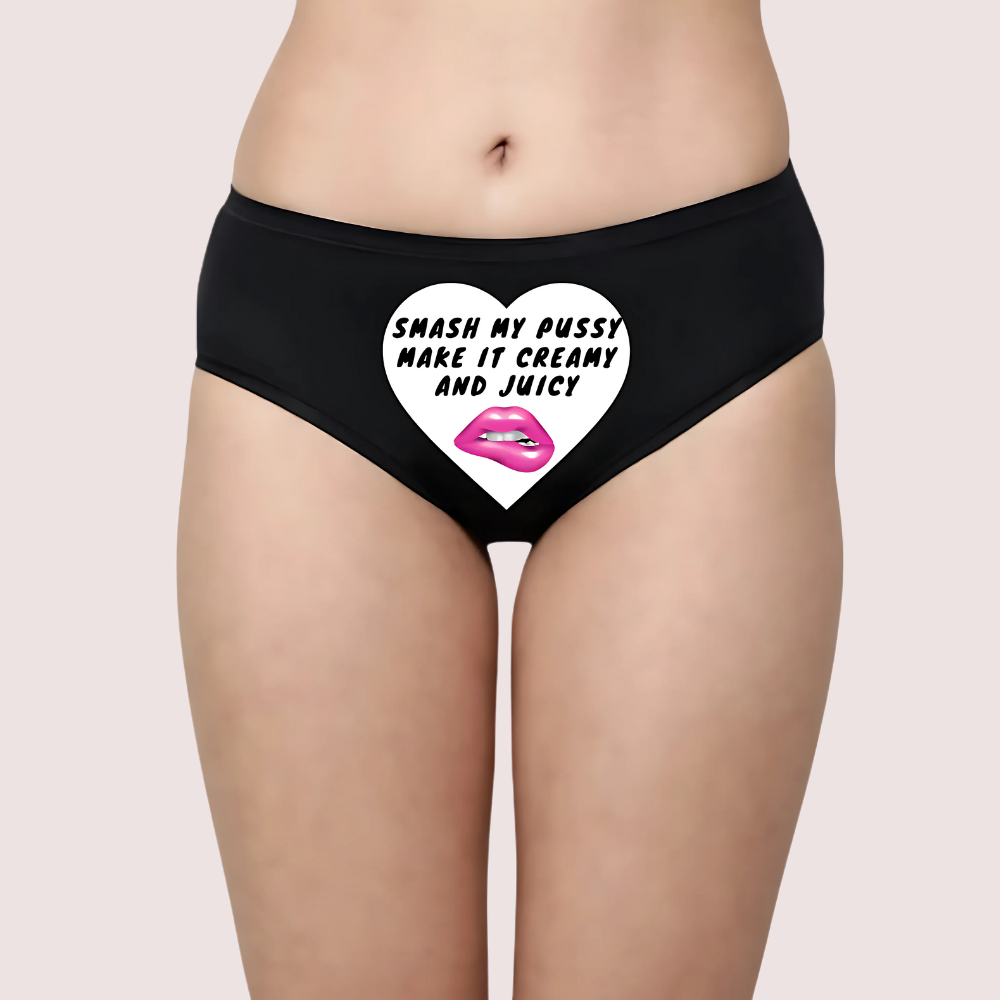 Black Panty with graphic design and text on a beige background