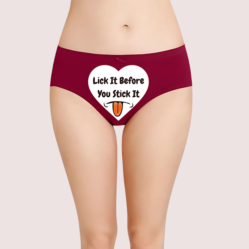 Maroon underwear with a humorous print on a plain background