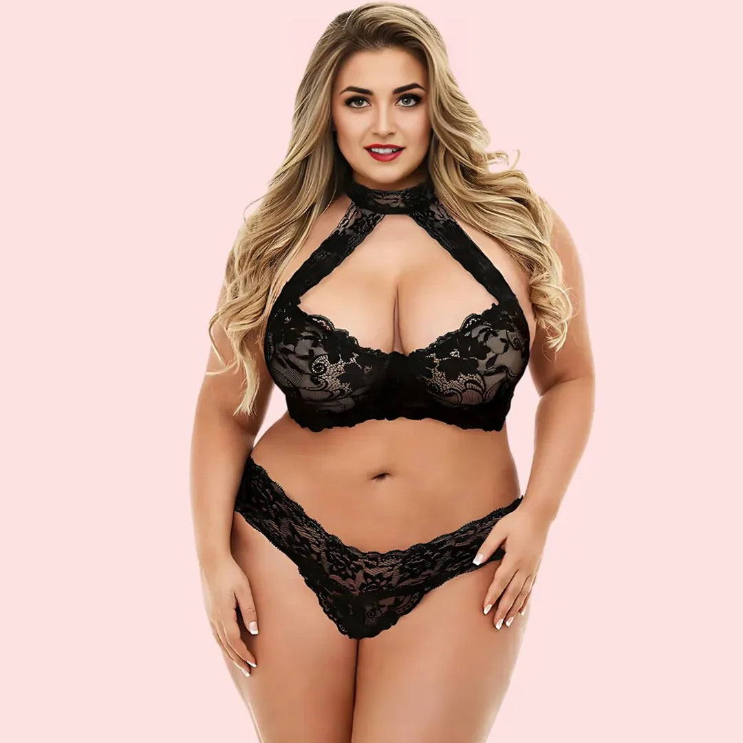 Plus size seductive black lace bra set