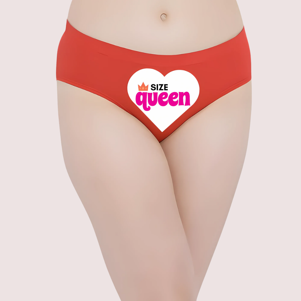 Red panty with a heart-shaped logo and 'SIZE QUEEN' text 