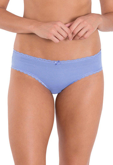 Comfy plus size blue cotton panties with lace trim on model's waist