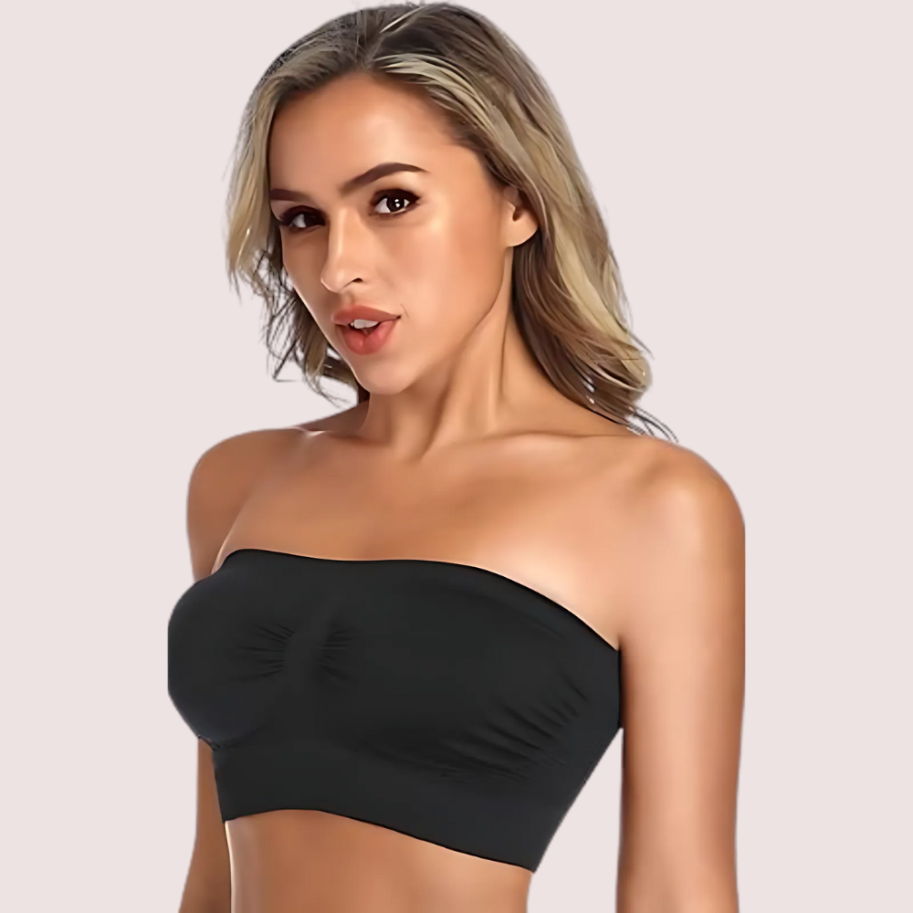 Woman wearing a black strapless top 