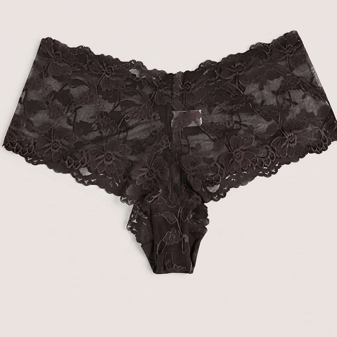 Black lace underwear on a light gray background