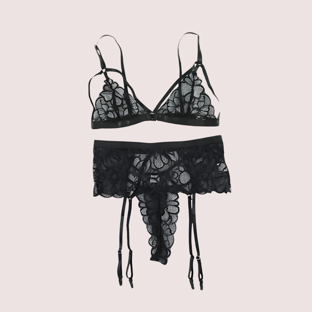 Sensual lace garter belt lingerie matching set featuring elegant lace detailing and premium feminine styling
