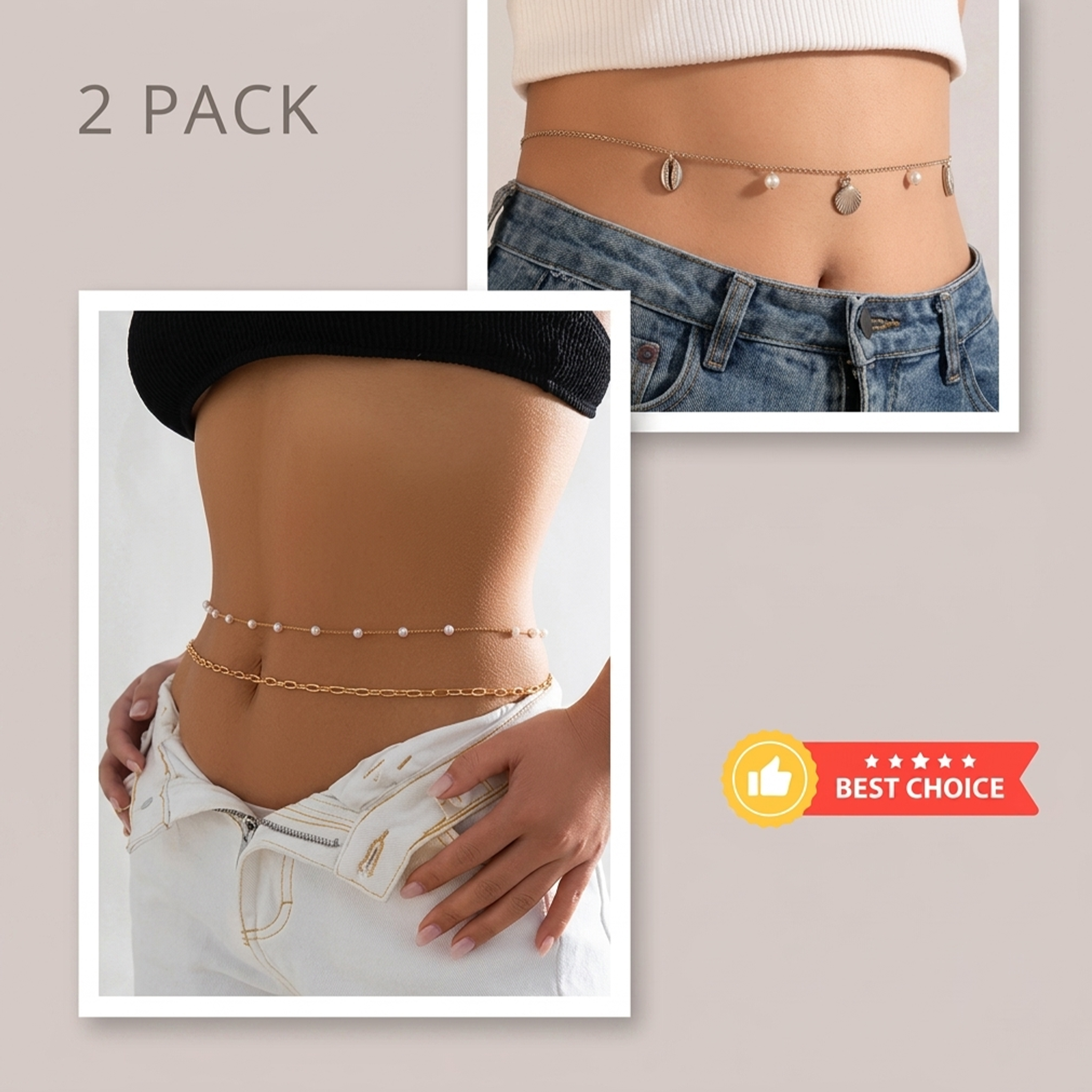Two gold waist chains displayed on a beige background with 'Best Choice' label.