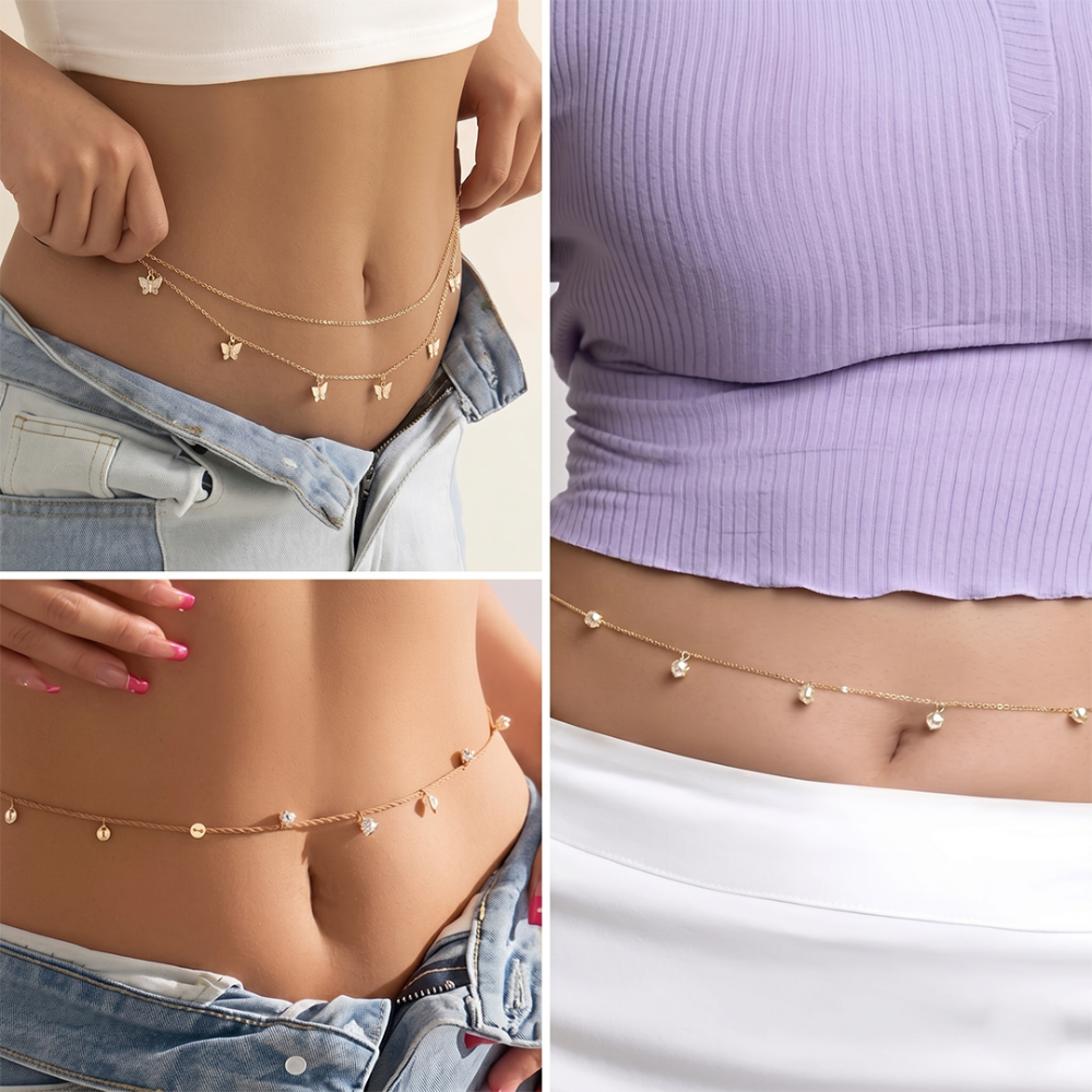 Collage of a gold chain belt worn by different people on various outfits.