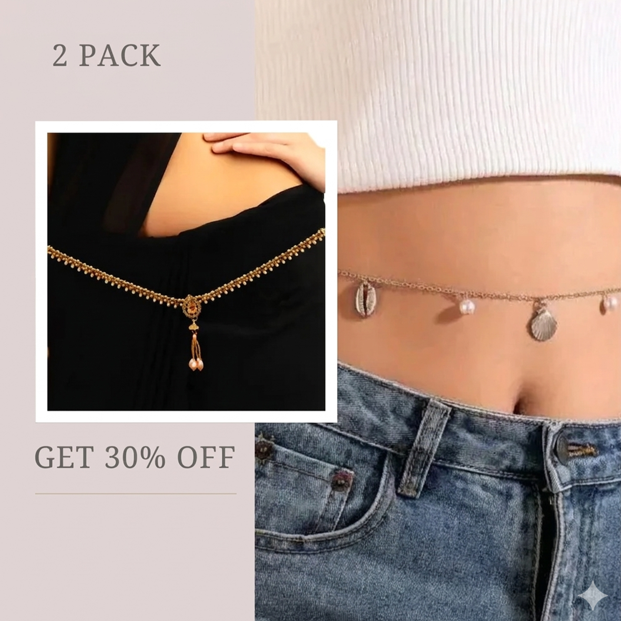 Gold waist chain with charms worn by a person
