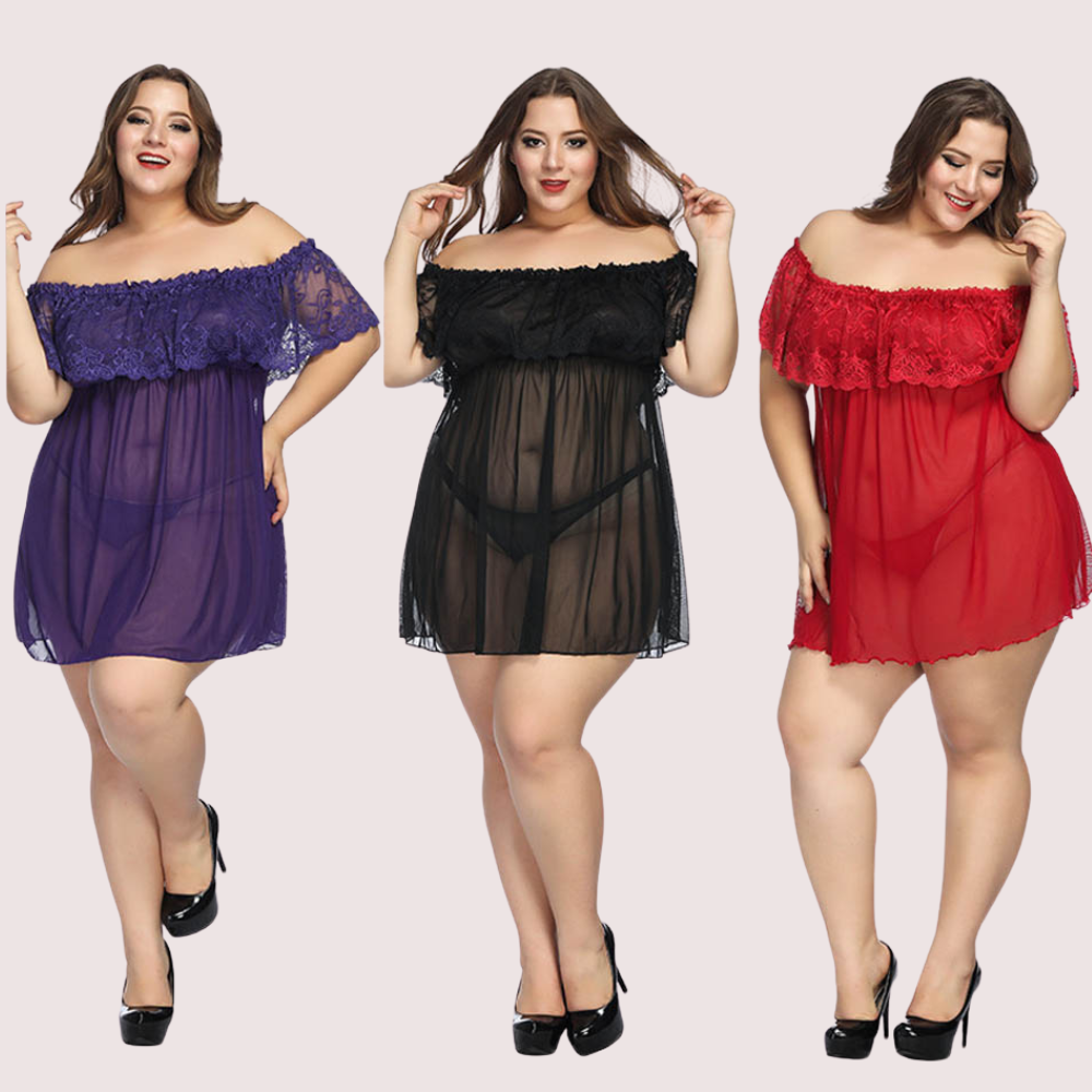 Three women wearing off-shoulder dresses in purple, black, and red on a plain background.