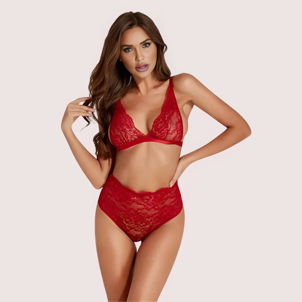 Woman wearing a red lingerie set 