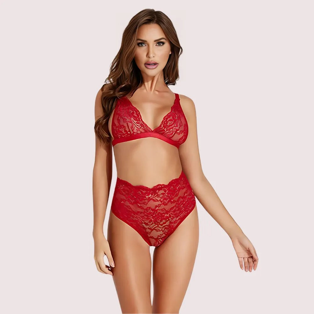 Woman wearing a red lace lingerie set 